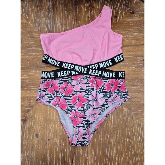 One-Shoulder Pink & Floral "Keep Move" Swimsuit Set For Teen Girl Size 14 - Picture 1 of 12